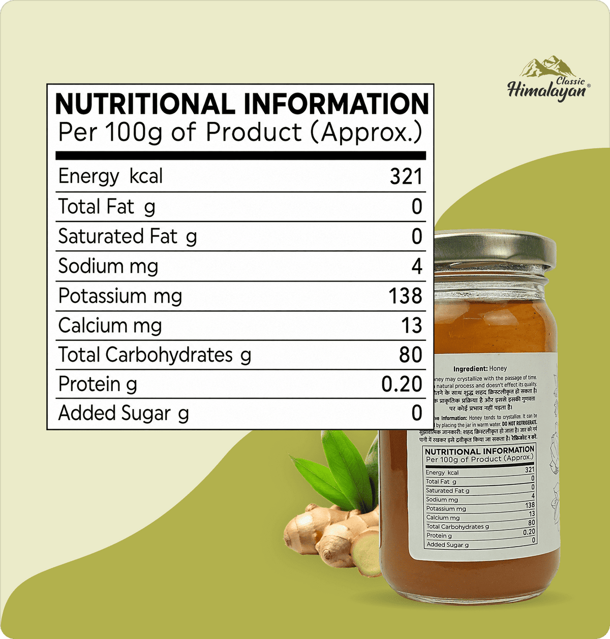 Himalayan Ginger Honey nutrition and ingredients label
