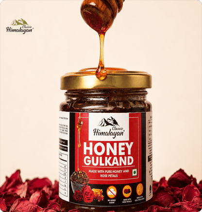 Classic Himalayan Gulkand with rose petals and honey dipper