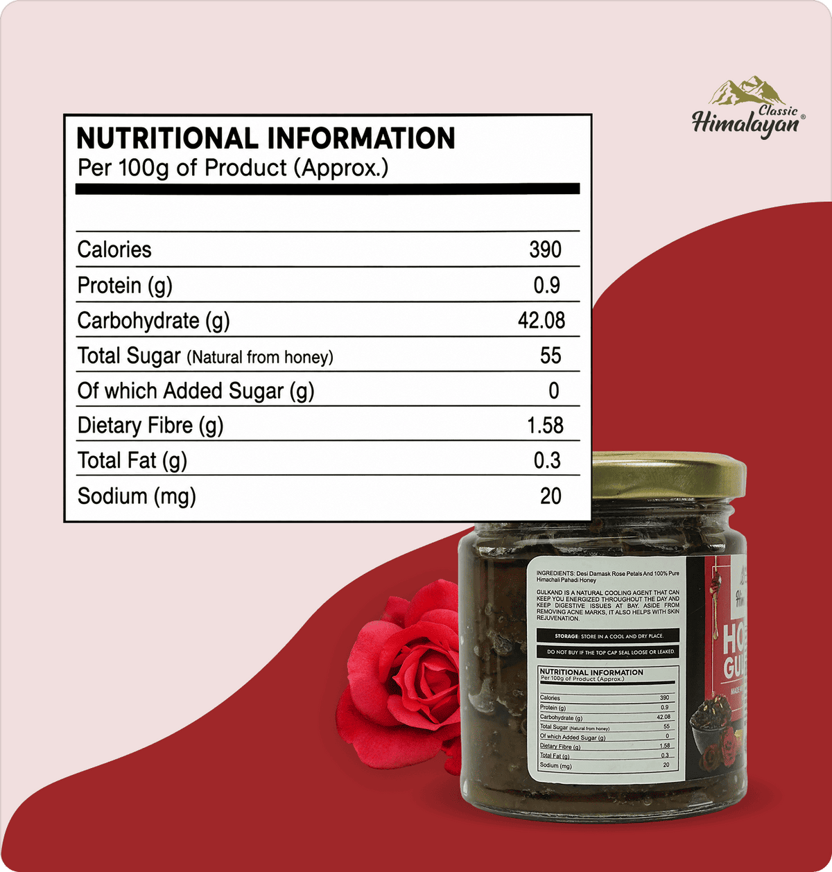 Classic Himalayan Gulkand nutritional information panel