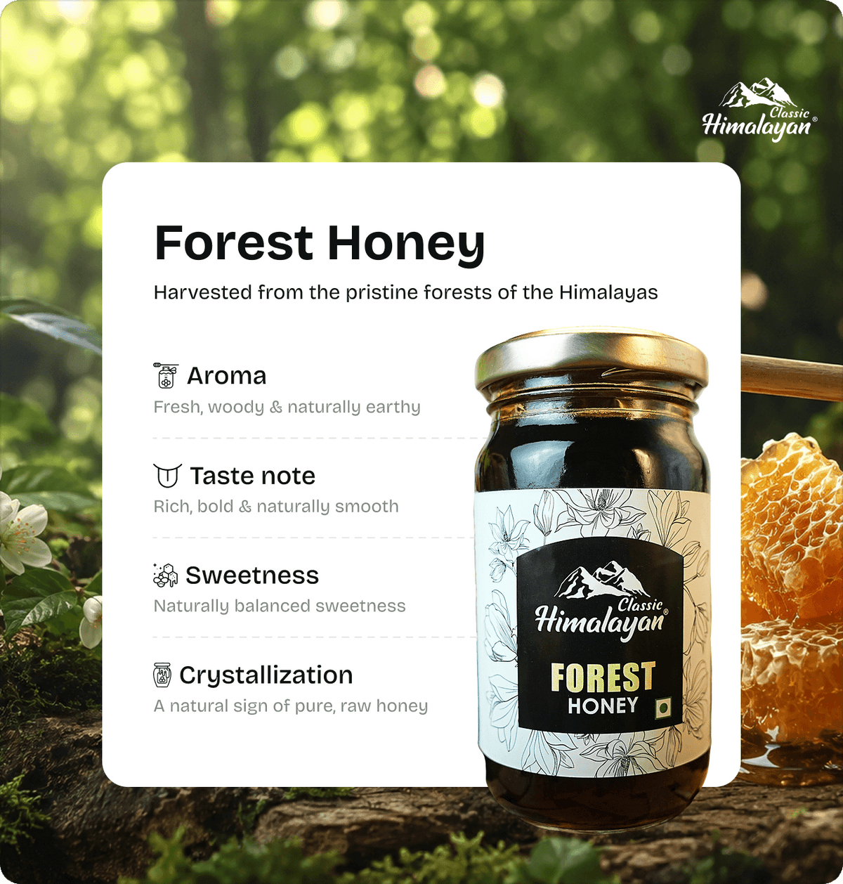 Himalayan Forest Honey jar with honeycomb on moss, forest background