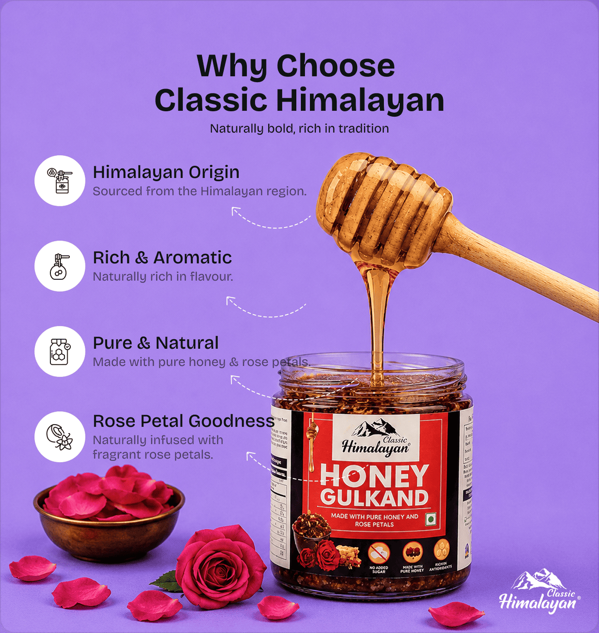 Classic Himalayan Gulkand dipper with rose petals, purple background