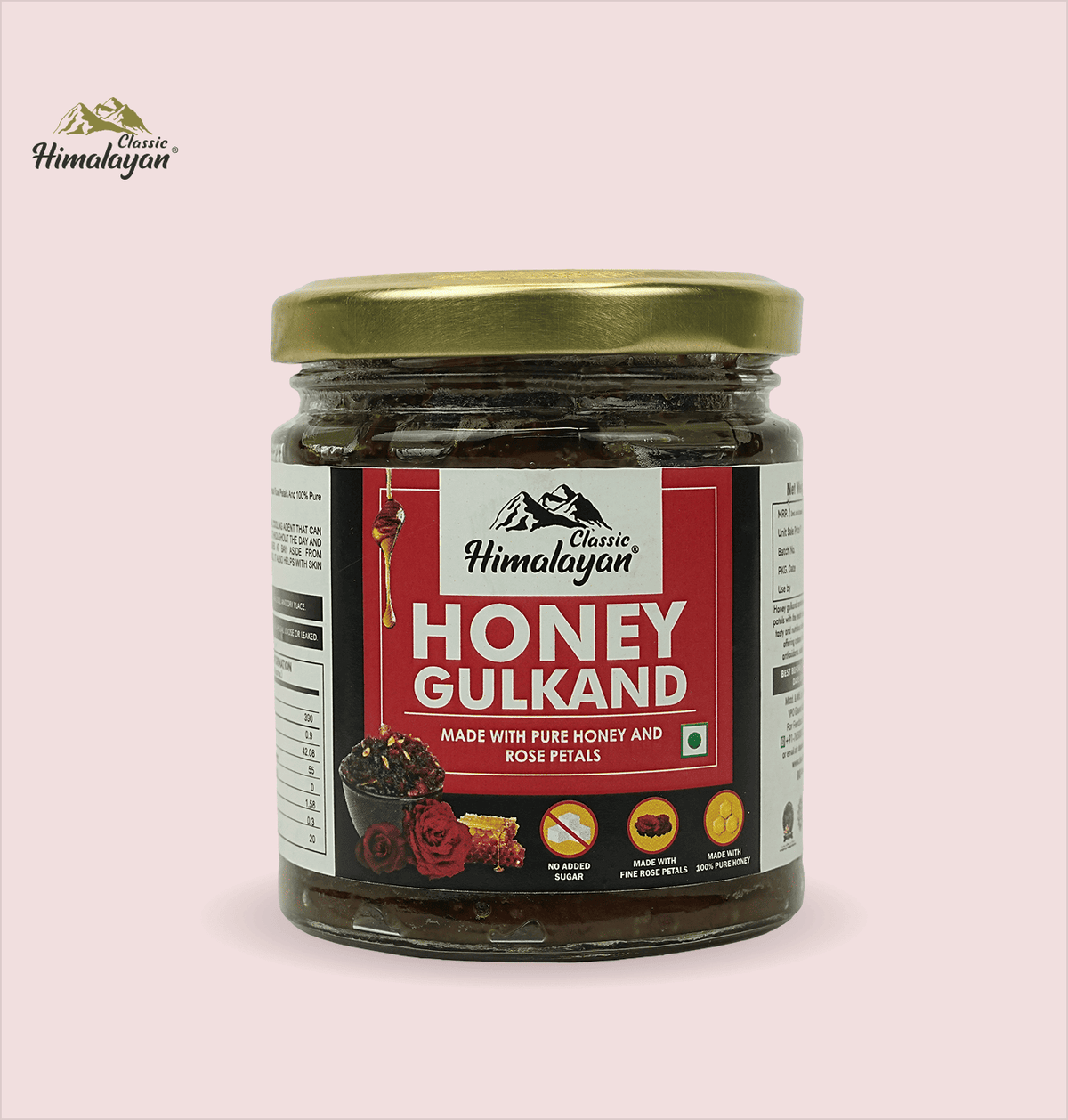 Classic Himalayan Gulkand jar on pink background