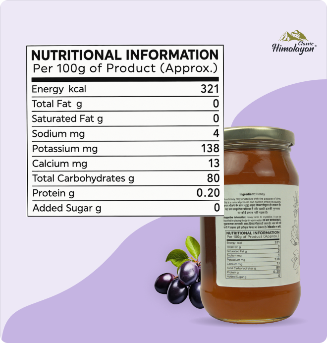Himalayan honey jar with nutrition facts.