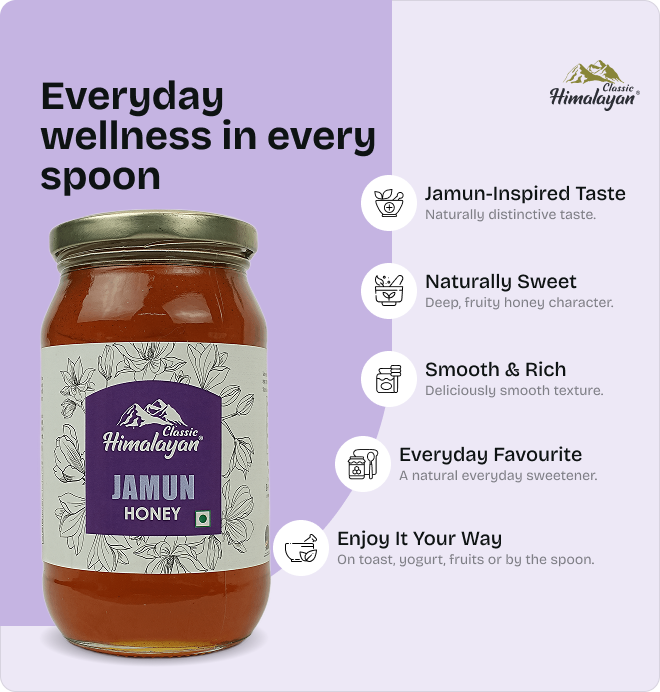 Himalayan Jamun Honey with product benefits.
