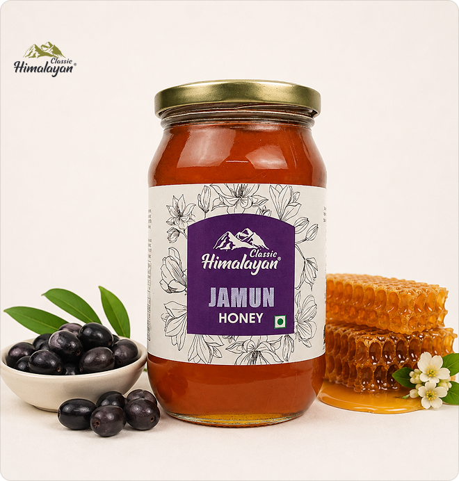 Classic Himalayan Jamun Honey with jamun berries and honeycomb.