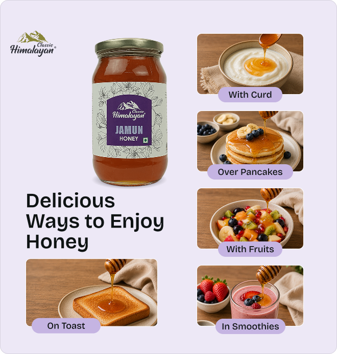 Himalayan Jamun Honey jar on lavender background.