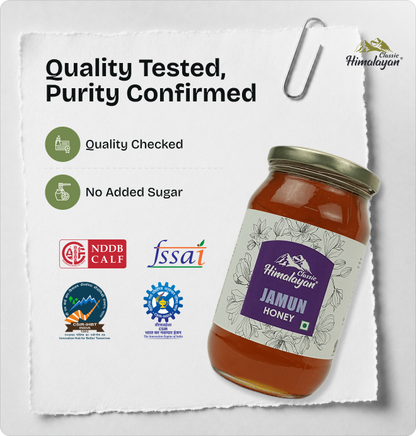 Himalayan Jamun Honey with quality and purity badges.