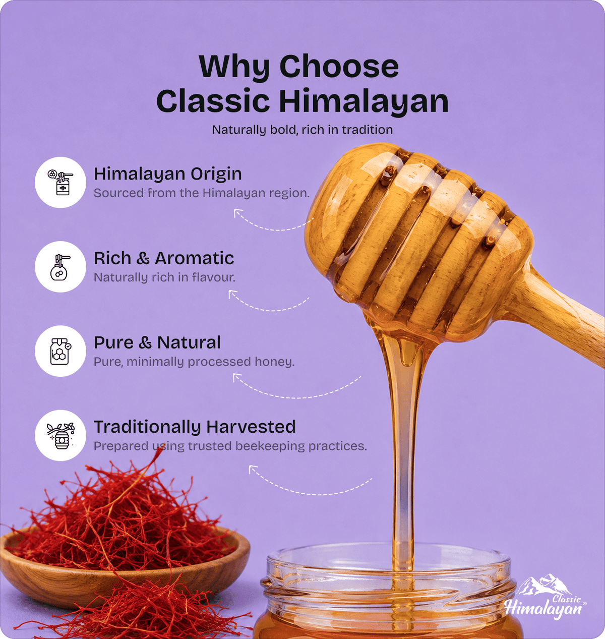 Classic Himalayan Kesar Honey dipper with saffron, lavender background