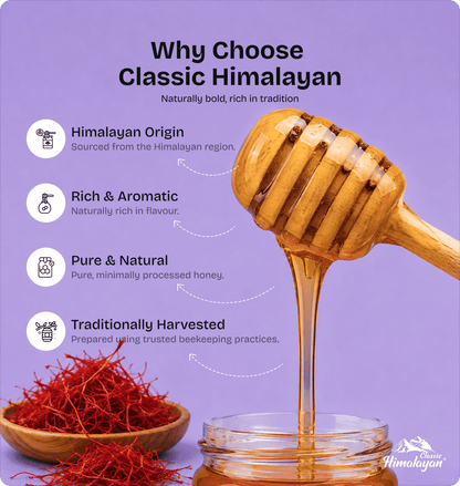 Classic Himalayan Kesar Honey dipper with saffron, lavender background