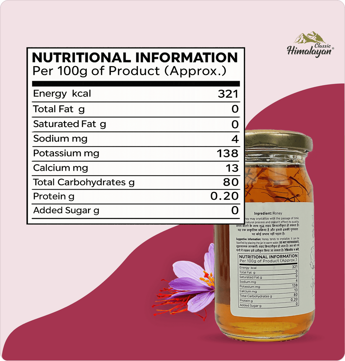 Himalayan Kesar Honey nutrition facts panel