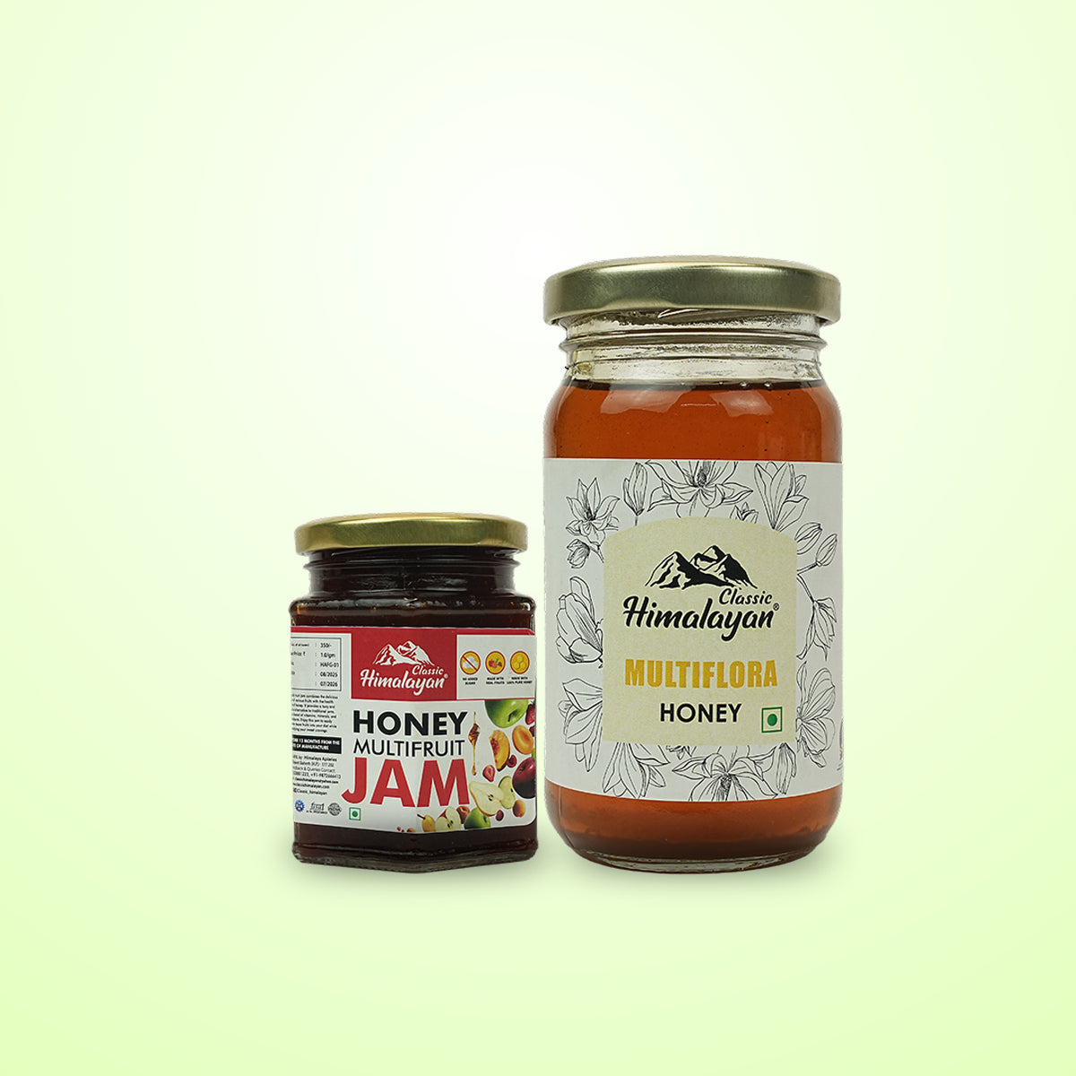 Two jars of honey and jam on a light green background