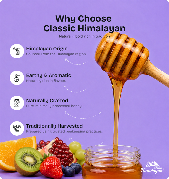 Classic Himalayan Multifruit Jam dipper with fresh fruits, lavender background