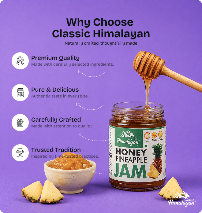 Classic Himalayan Pineapple Jam dipper with pineapple, purple background