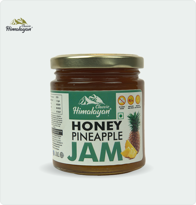 Classic Himalayan Pineapple Jam jar on gray background