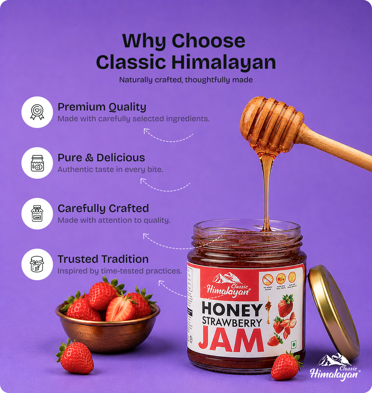 Classic Himalayan Strawberry Jam dipper with strawberries, purple background