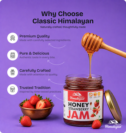 Classic Himalayan Strawberry Jam dipper with strawberries, purple background