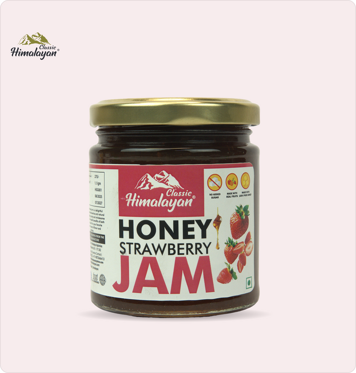 Classic Himalayan Strawberry Jam jar on pink background